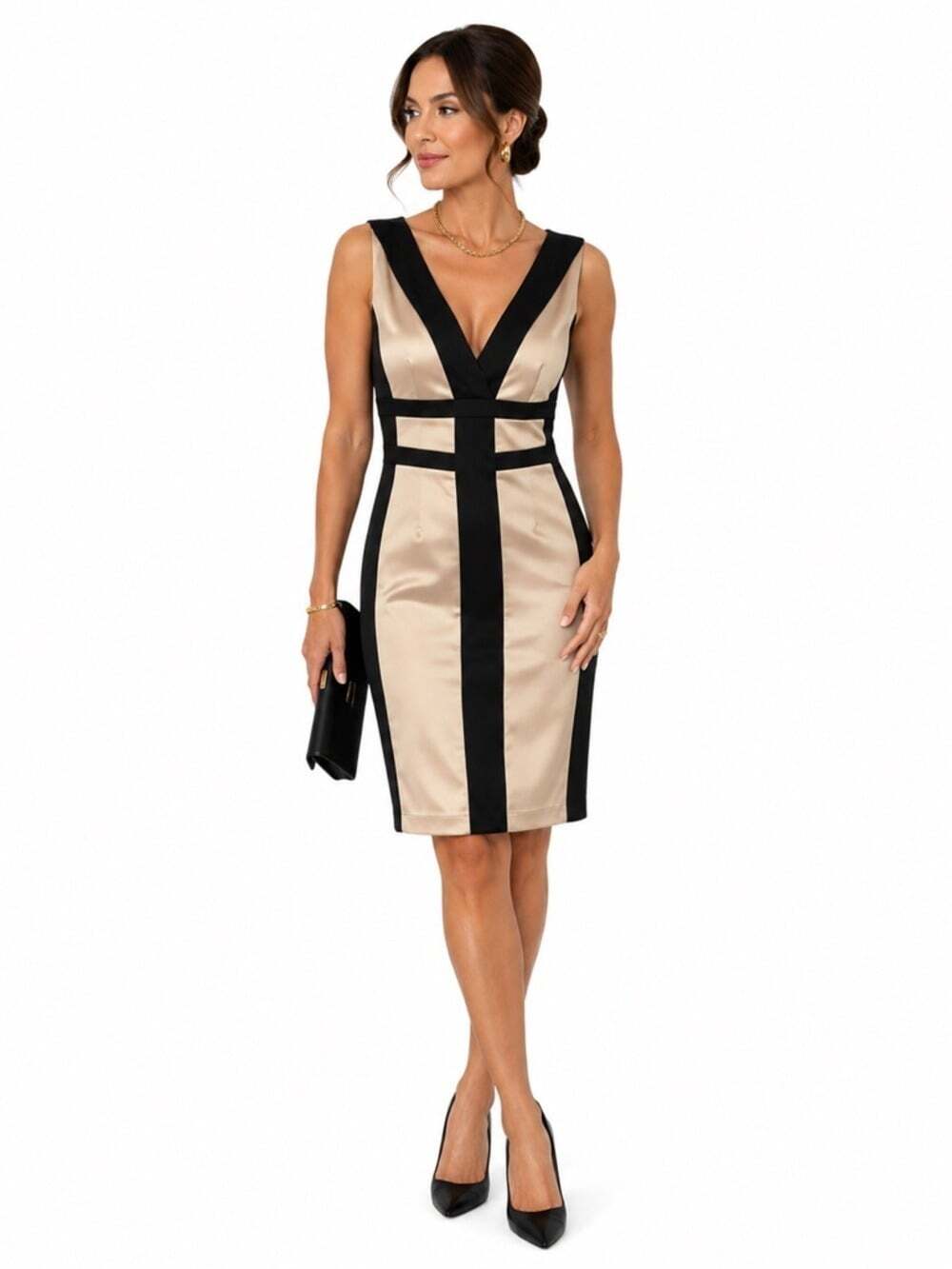 JAX Womens Satin Cocktail Dress Size 8 Gold Black V Neck Formal Bodycon Fitted